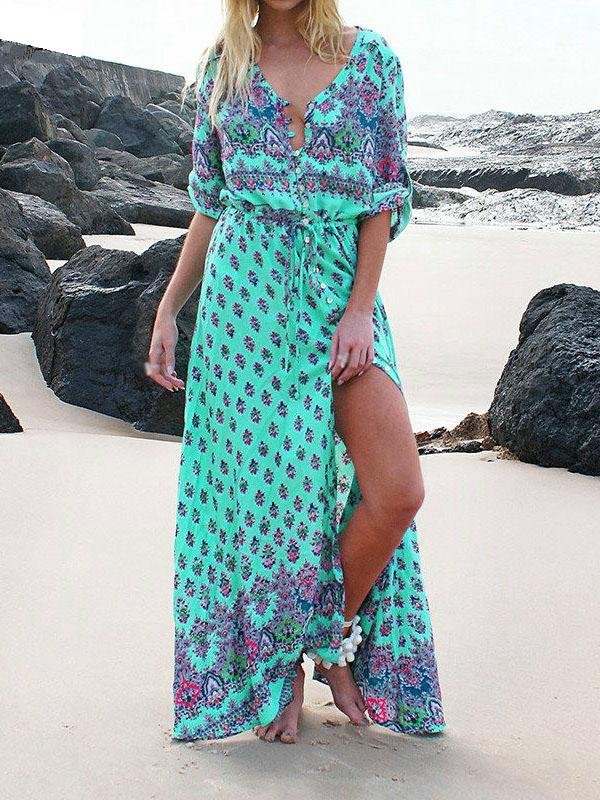 Mid-sleeve V-neck Bohemian Long Dress - Maxi Dresses - INS | Online Fashion Free Shipping Clothing, Dresses, Tops, Shoes - 07/08/2021 - 20-30 - color-green