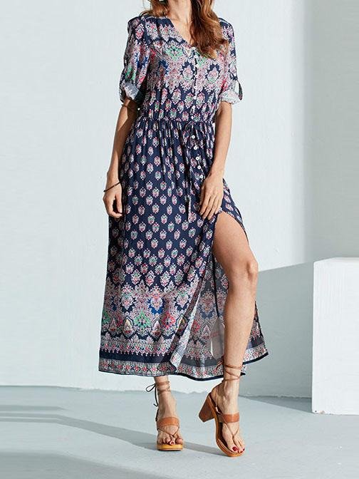 Mid-sleeve V-neck Bohemian Long Dress - Maxi Dresses - INS | Online Fashion Free Shipping Clothing, Dresses, Tops, Shoes - 07/08/2021 - 20-30 - color-green