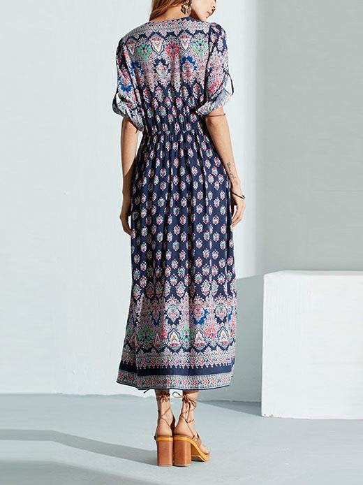 Mid-sleeve V-neck Bohemian Long Dress - Maxi Dresses - INS | Online Fashion Free Shipping Clothing, Dresses, Tops, Shoes - 07/08/2021 - 20-30 - color-green
