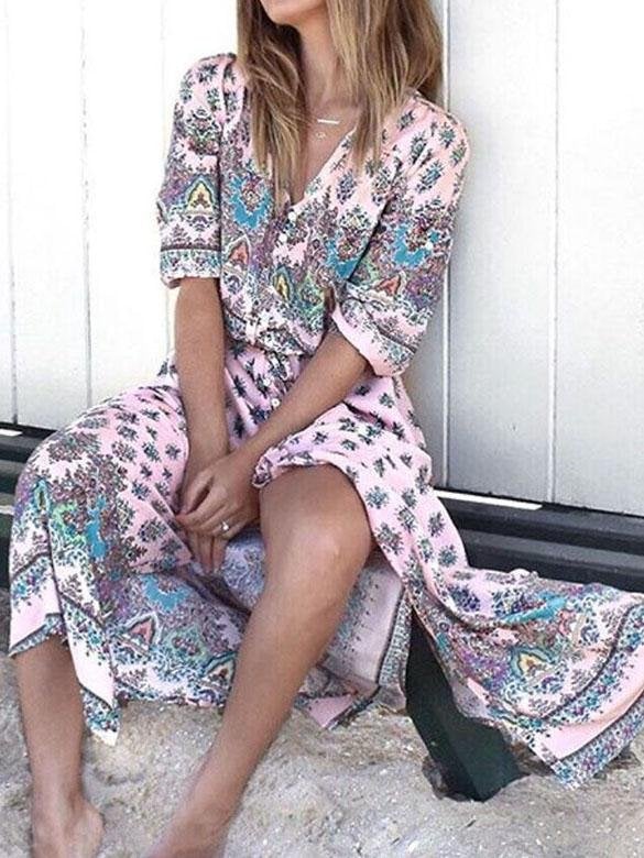 Mid-sleeve V-neck Bohemian Long Dress - Maxi Dresses - INS | Online Fashion Free Shipping Clothing, Dresses, Tops, Shoes - 07/08/2021 - 20-30 - color-green