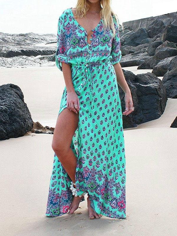Mid-sleeve V-neck Bohemian Long Dress - Maxi Dresses - INS | Online Fashion Free Shipping Clothing, Dresses, Tops, Shoes - 07/08/2021 - 20-30 - color-green