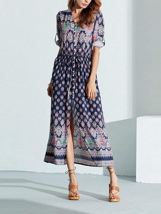 Mid-sleeve V-neck Bohemian Long Dress - Maxi Dresses - INS | Online Fashion Free Shipping Clothing, Dresses, Tops, Shoes - 07/08/2021 - 20-30 - color-green