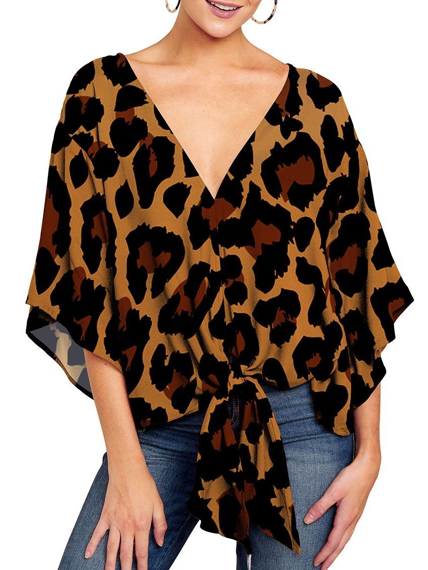Mid-sleeve V-neck Leopard Print Knotted Top - Blouses - INS | Online Fashion Free Shipping Clothing, Dresses, Tops, Shoes - 08/06/2021 - BLO2106080051 - Blouses