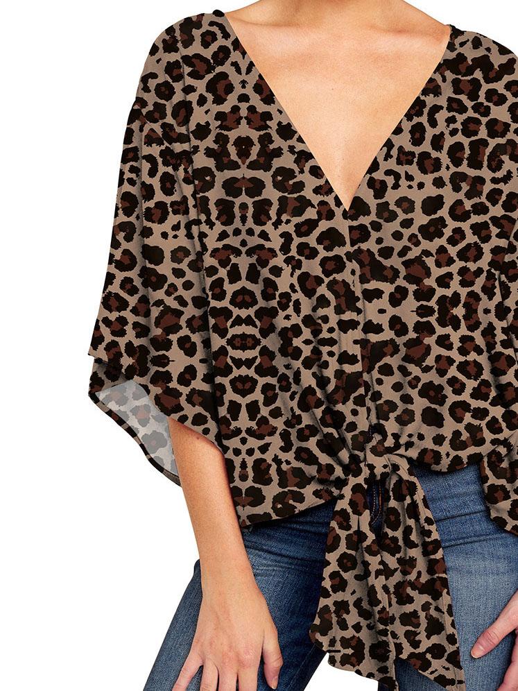 Mid-sleeve V-neck Leopard Print Knotted Top - Blouses - INS | Online Fashion Free Shipping Clothing, Dresses, Tops, Shoes - 08/06/2021 - BLO2106080051 - Blouses