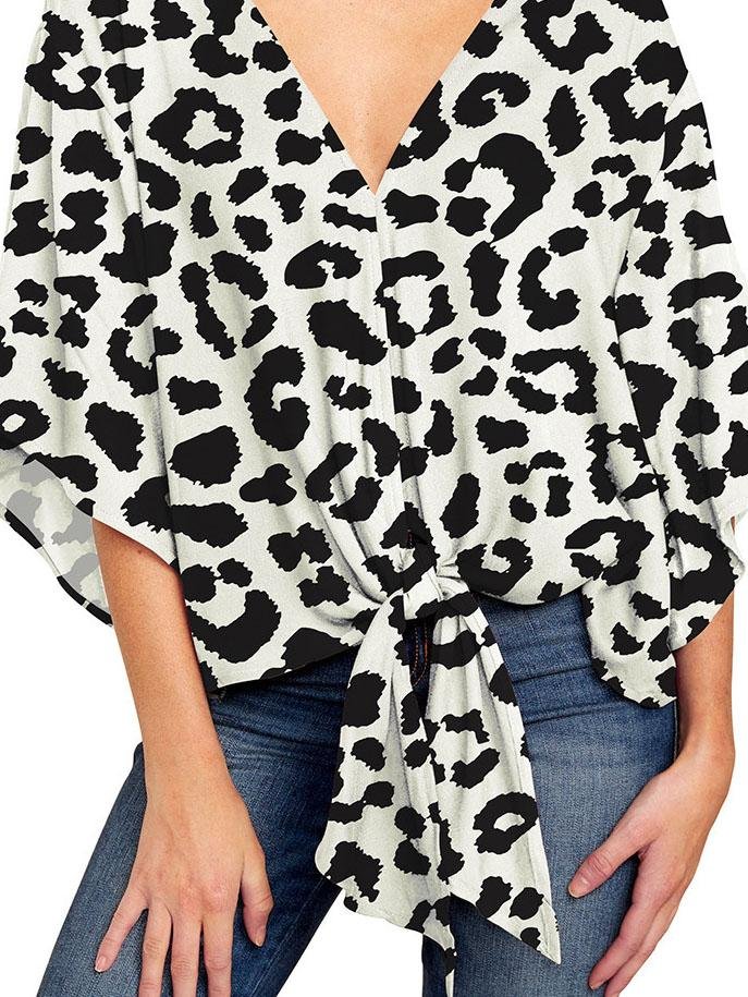 Mid-sleeve V-neck Leopard Print Knotted Top - Blouses - INS | Online Fashion Free Shipping Clothing, Dresses, Tops, Shoes - 08/06/2021 - BLO2106080051 - Blouses