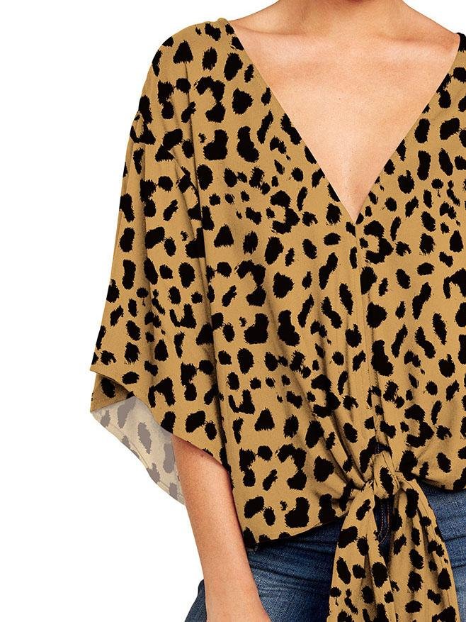 Mid-sleeve V-neck Leopard Print Knotted Top - Blouses - INS | Online Fashion Free Shipping Clothing, Dresses, Tops, Shoes - 08/06/2021 - BLO2106080051 - Blouses