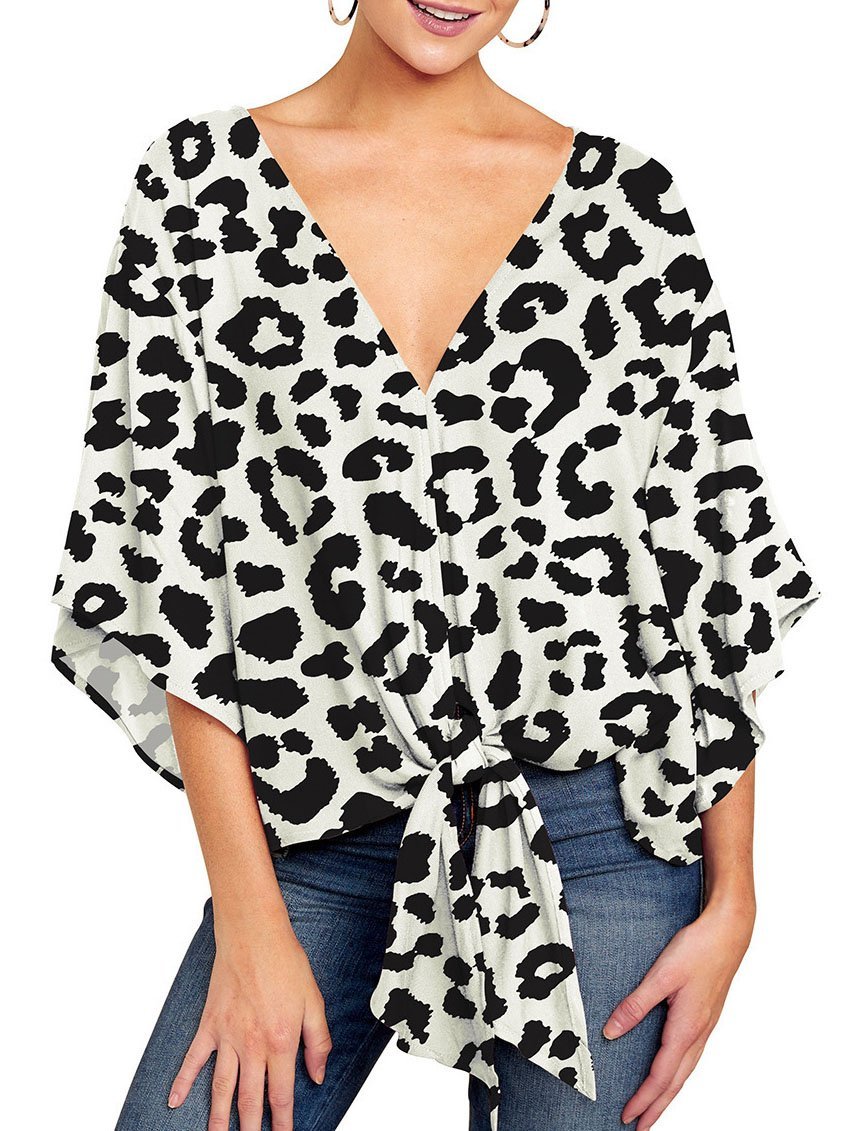 Mid-sleeve V-neck Leopard Print Knotted Top - Blouses - INS | Online Fashion Free Shipping Clothing, Dresses, Tops, Shoes - 08/06/2021 - BLO2106080051 - Blouses