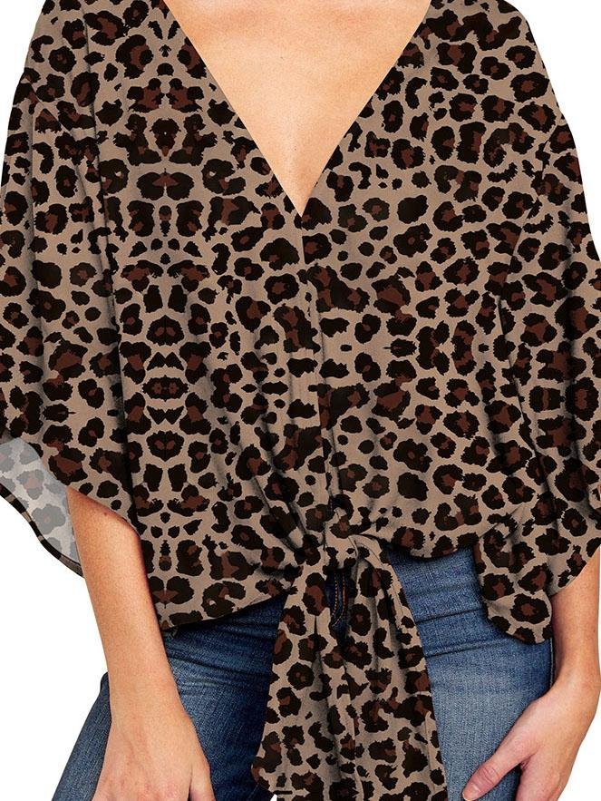 Mid-sleeve V-neck Leopard Print Knotted Top - Blouses - INS | Online Fashion Free Shipping Clothing, Dresses, Tops, Shoes - 08/06/2021 - BLO2106080051 - Blouses