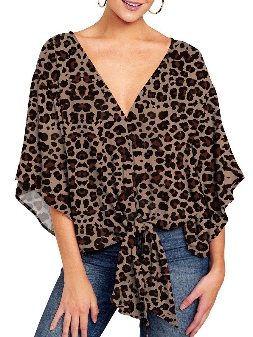 Mid-sleeve V-neck Leopard Print Knotted Top - Blouses - INS | Online Fashion Free Shipping Clothing, Dresses, Tops, Shoes - 08/06/2021 - BLO2106080051 - Blouses
