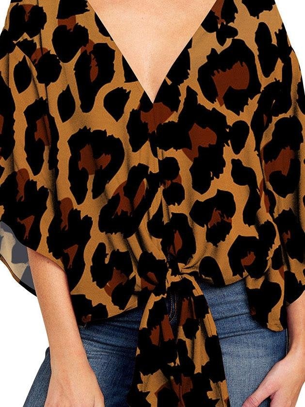 Mid-sleeve V-neck Leopard Print Knotted Top - Blouses - INS | Online Fashion Free Shipping Clothing, Dresses, Tops, Shoes - 08/06/2021 - BLO2106080051 - Blouses