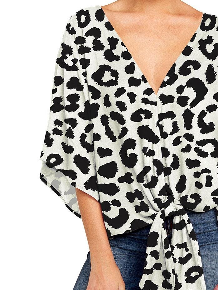 Mid-sleeve V-neck Leopard Print Knotted Top - Blouses - INS | Online Fashion Free Shipping Clothing, Dresses, Tops, Shoes - 08/06/2021 - BLO2106080051 - Blouses