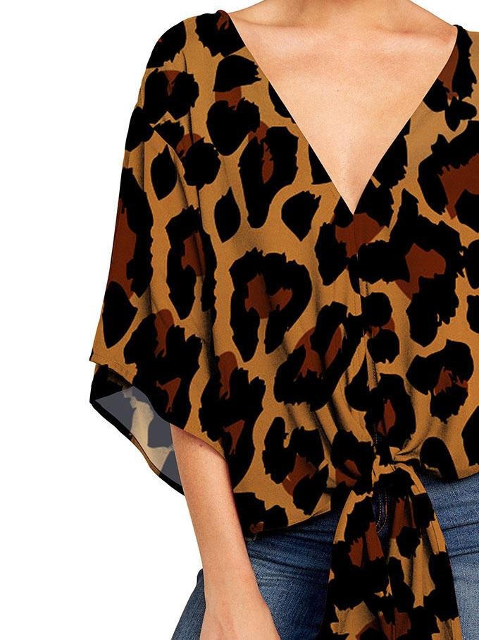 Mid-sleeve V-neck Leopard Print Knotted Top - Blouses - INS | Online Fashion Free Shipping Clothing, Dresses, Tops, Shoes - 08/06/2021 - BLO2106080051 - Blouses