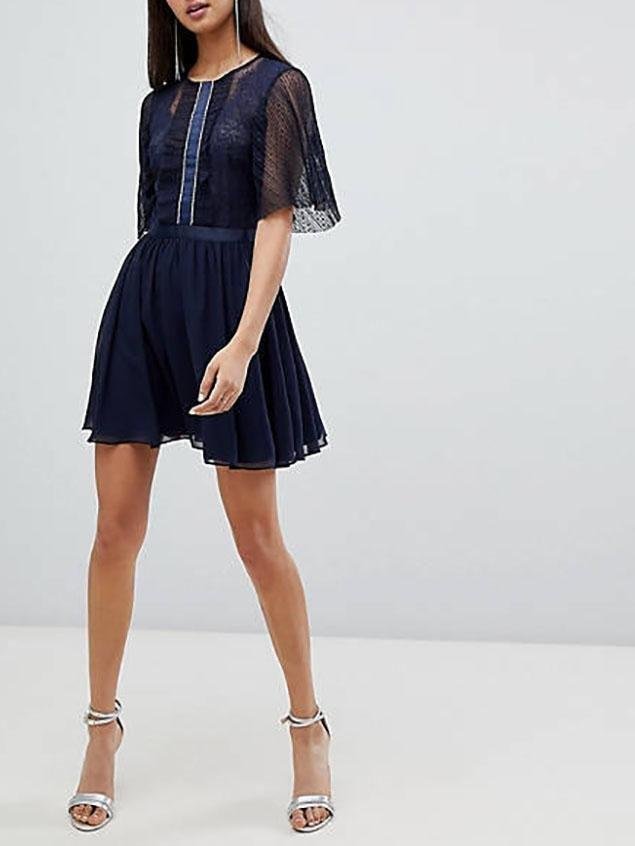 Mini Dobby Skater Mesh Dress With Embellished Trim - Maxi Dresses - INS | Online Fashion Free Shipping Clothing, Dresses, Tops, Shoes - 21/04/2021 - 2104V3 - Catagory_Mini Dresses