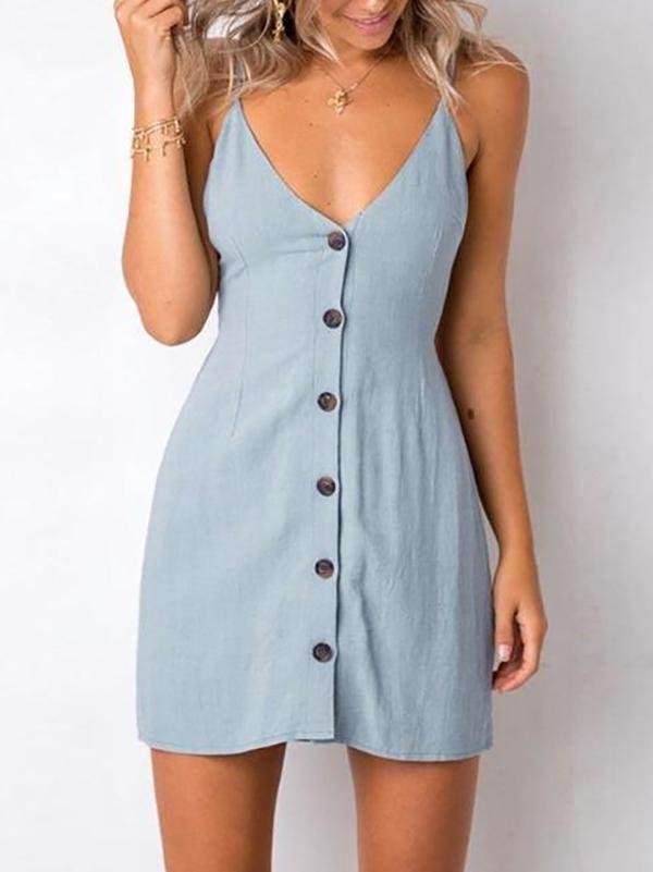 Mini Solid Color Buttoned Smocked Sundress - Dresses - INS | Online Fashion Free Shipping Clothing, Dresses, Tops, Shoes - 18/03/2021 - Casual - Color_Blue