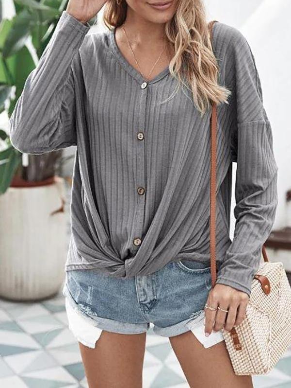 Mock Button Wide Rib Twist Batwing Knitwear - Sweaters - INS | Online Fashion Free Shipping Clothing, Dresses, Tops, Shoes - 02/08/2021 - Autumn - Casual