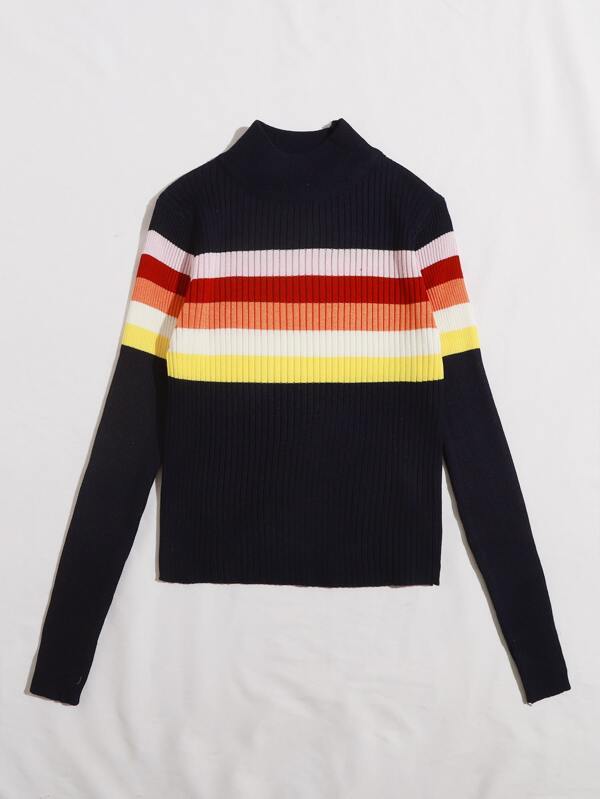Mock Neck Colorful Striped Ribbed Knit Sweater - INS | Online Fashion Free Shipping Clothing, Dresses, Tops, Shoes
