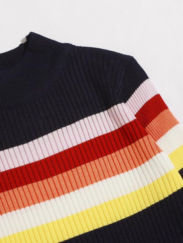 Mock Neck Colorful Striped Ribbed Knit Sweater - INS | Online Fashion Free Shipping Clothing, Dresses, Tops, Shoes