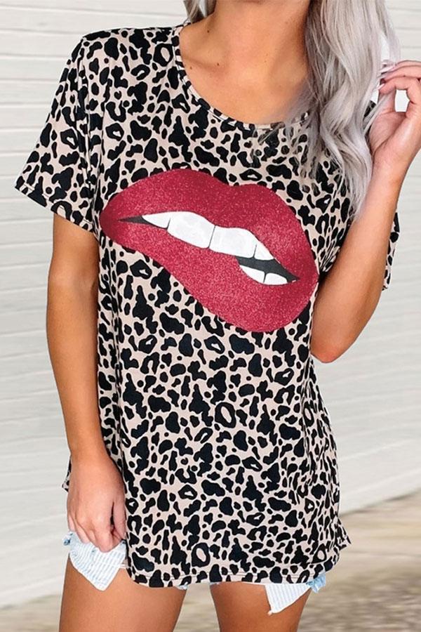 Muliticolor Lips Leopard Print T-Shirt - Mx T-shirts - INS | Online Fashion Free Shipping Clothing, Dresses, Tops, Shoes - GMC-Mx-T-shirts - Mx T-shirts - New t-shirts