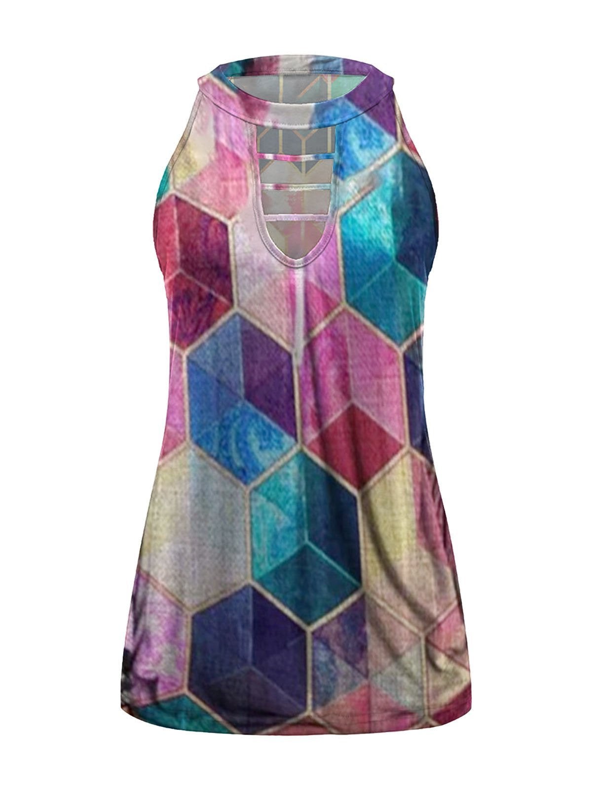 Multicolor Graphic Print Crew Neck Tank Tops - Tanks - INS | Online Fashion Free Shipping Clothing, Dresses, Tops, Shoes - 03/06/2021 - Category_Tanks - Color_Blue