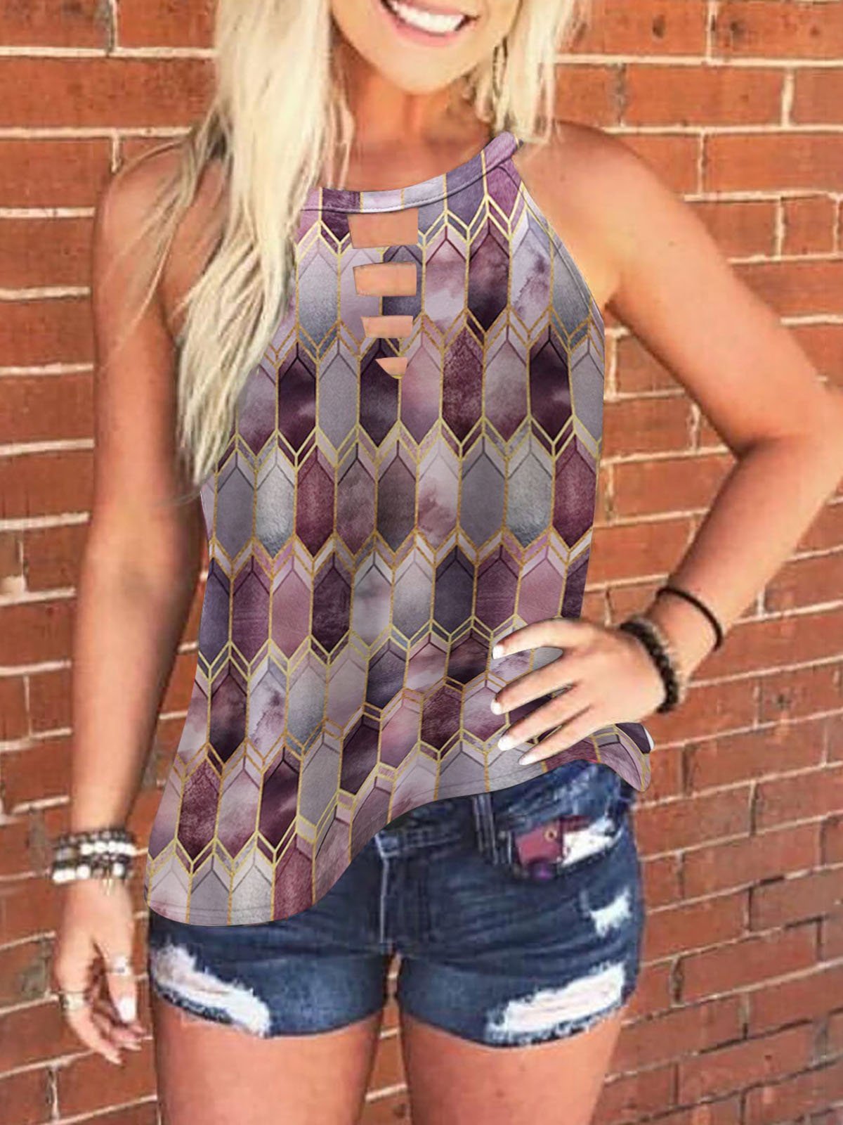 Multicolor Graphic Print Crew Neck Tank Tops - Tanks - INS | Online Fashion Free Shipping Clothing, Dresses, Tops, Shoes - 03/06/2021 - Category_Tanks - Color_Blue