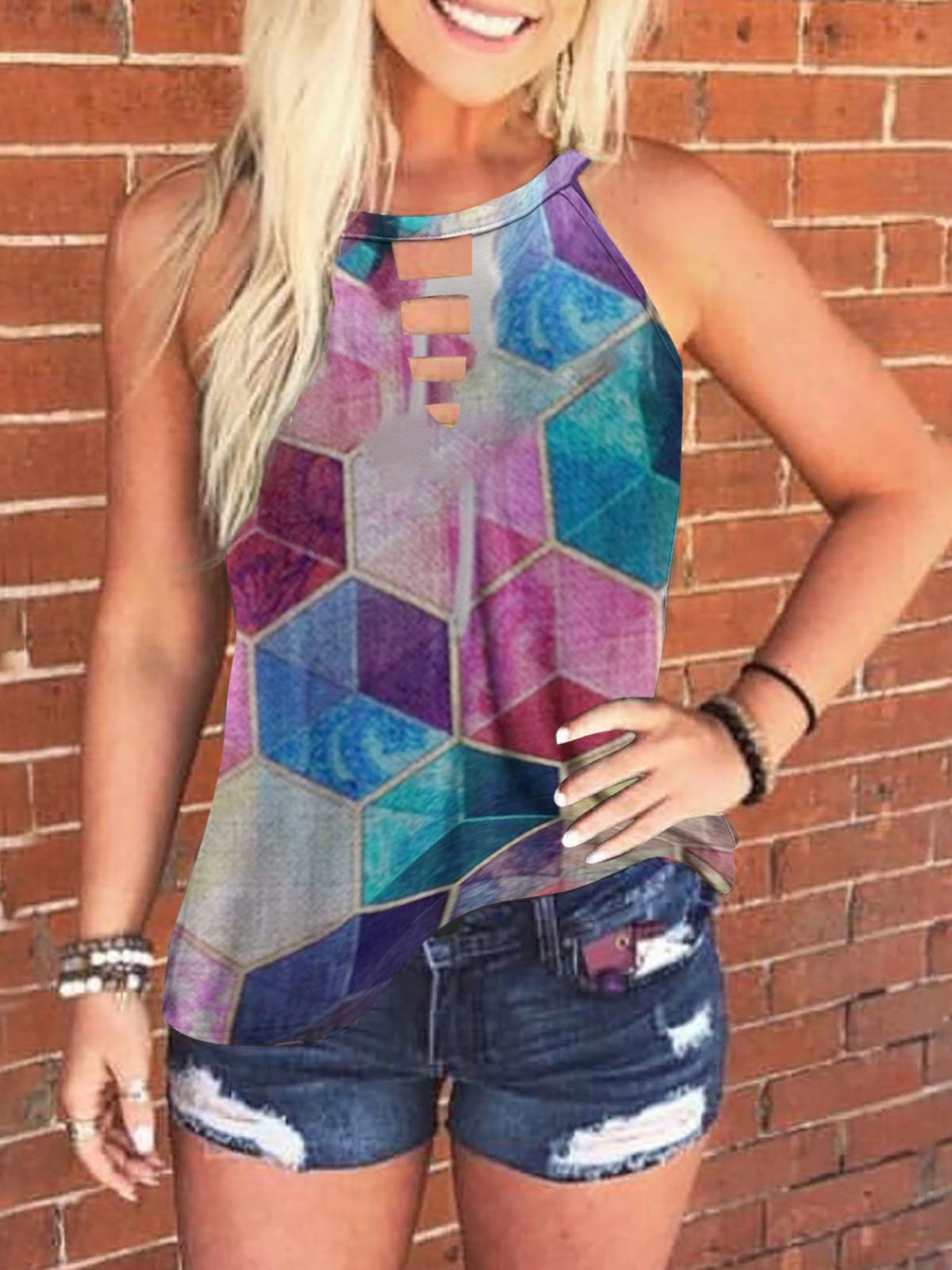 Multicolor Graphic Print Crew Neck Tank Tops - Tanks - INS | Online Fashion Free Shipping Clothing, Dresses, Tops, Shoes - 03/06/2021 - Category_Tanks - Color_Blue