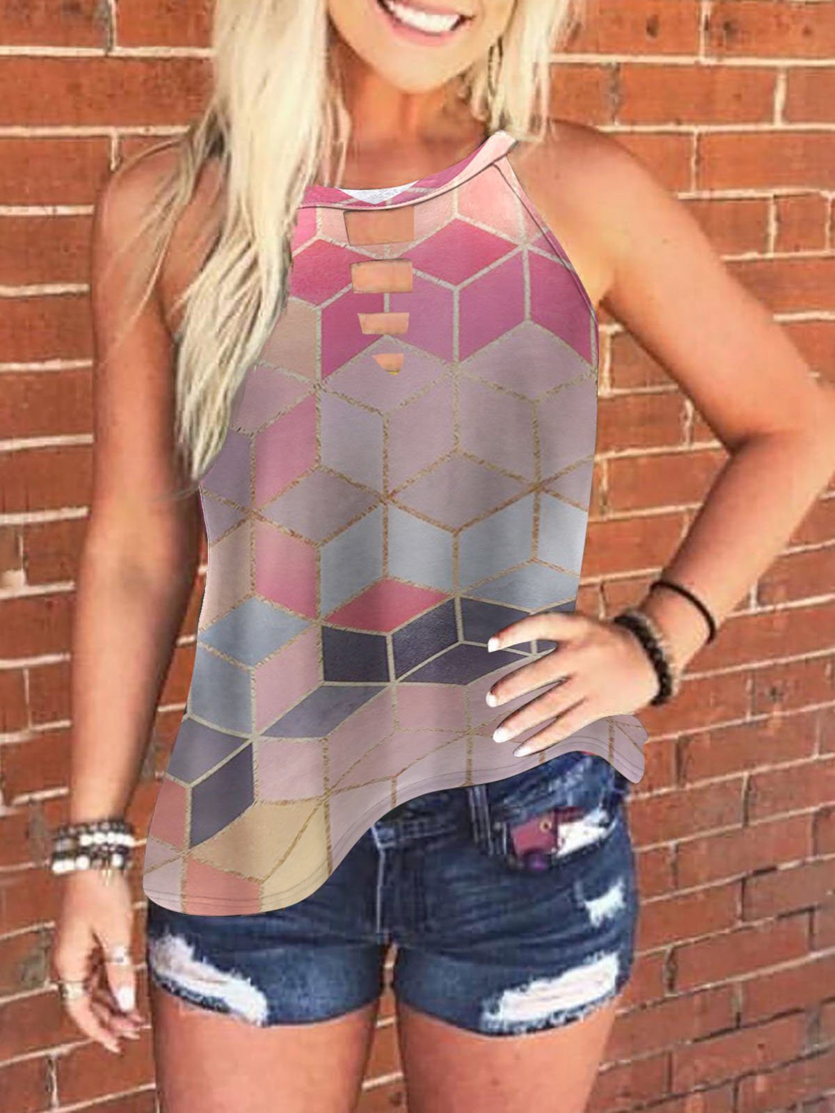 Multicolor Graphic Print Crew Neck Tank Tops - Tanks - INS | Online Fashion Free Shipping Clothing, Dresses, Tops, Shoes - 03/06/2021 - Category_Tanks - Color_Blue