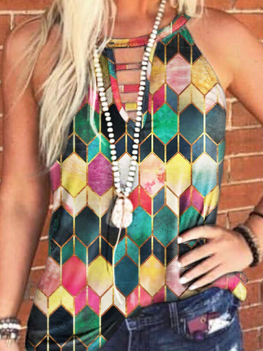 Multicolor Graphic Print Crew Neck Tank Tops - Tanks - INS | Online Fashion Free Shipping Clothing, Dresses, Tops, Shoes - 03/06/2021 - Category_Tanks - Color_Blue