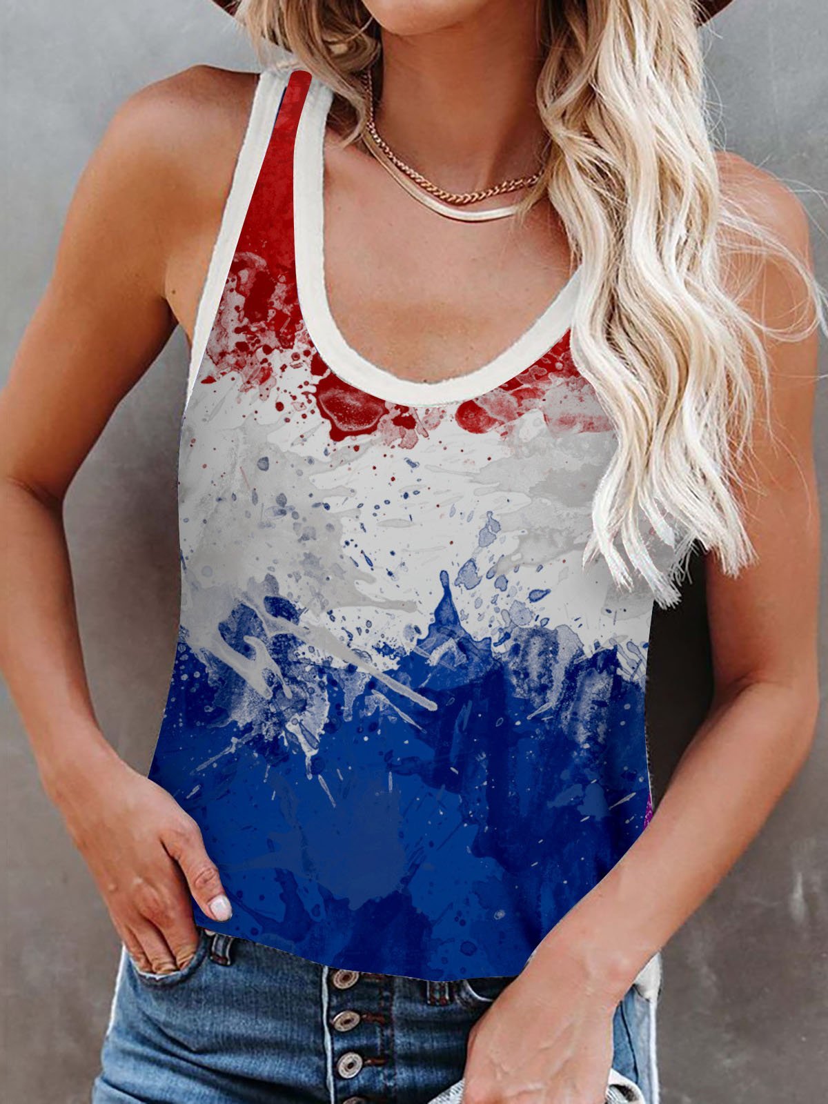 Multicolor Printed Crew Neck Tank Top - Tanks - INS | Online Fashion Free Shipping Clothing, Dresses, Tops, Shoes - 01/06/2021 - Category_Tanks - Color_Blue