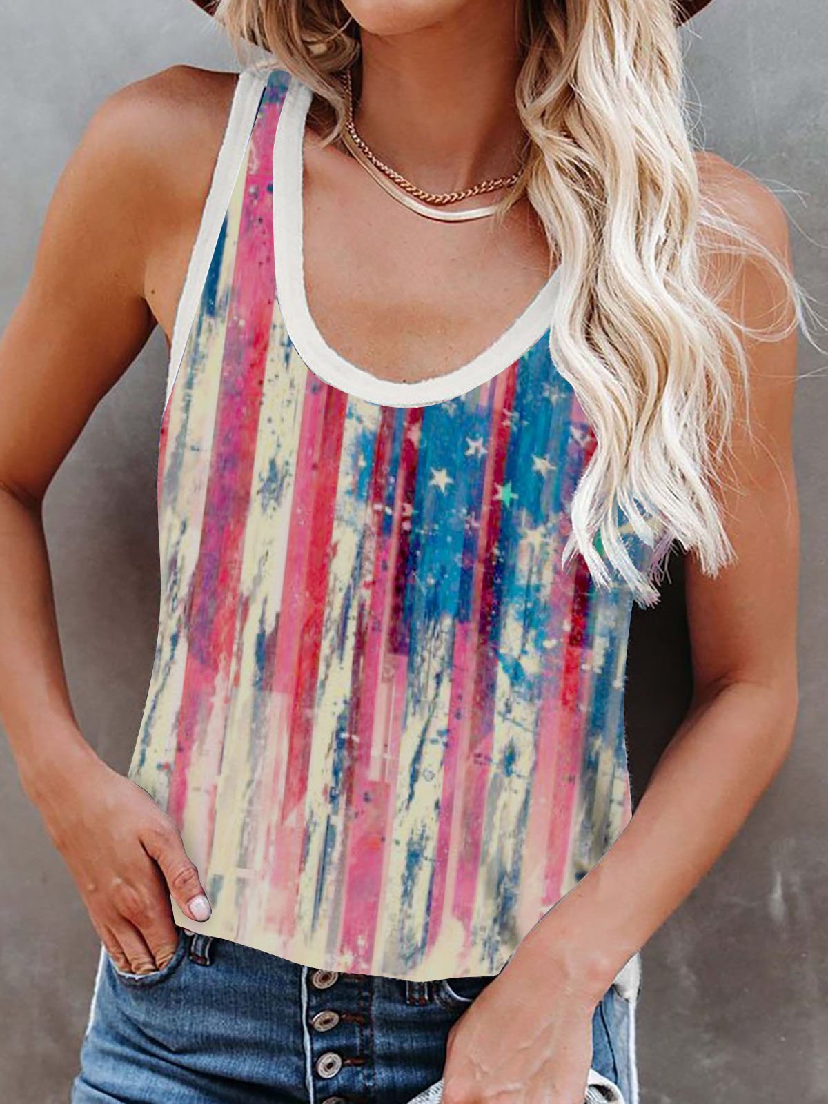 Multicolor Printed Crew Neck Tank Top - Tanks - INS | Online Fashion Free Shipping Clothing, Dresses, Tops, Shoes - 01/06/2021 - Category_Tanks - Color_Blue