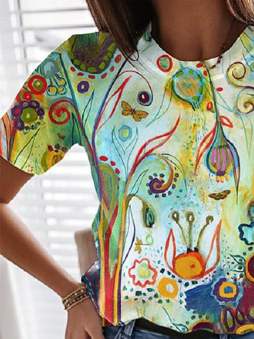Multicolor Printed Round Neck Short Sleeve T-Shirt - T-Shirts - INS | Online Fashion Free Shipping Clothing, Dresses, Tops, Shoes - 10-20 - 25/06/2021 - Category_T-Shirts