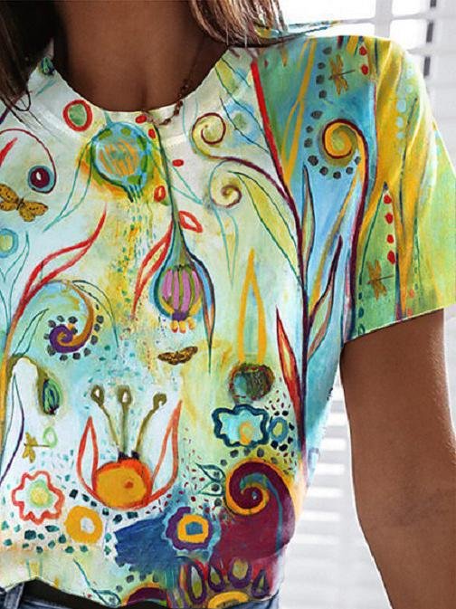 Multicolor Printed Round Neck Short Sleeve T-Shirt - T-Shirts - INS | Online Fashion Free Shipping Clothing, Dresses, Tops, Shoes - 10-20 - 25/06/2021 - Category_T-Shirts