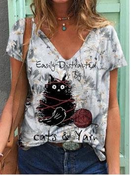 Multicolor Printed Short Sleeve V-neck T-shirt - T-Shirts - INS | Online Fashion Free Shipping Clothing, Dresses, Tops, Shoes - 05/06/2021 - Category_T-Shirts - Color_Multicolor