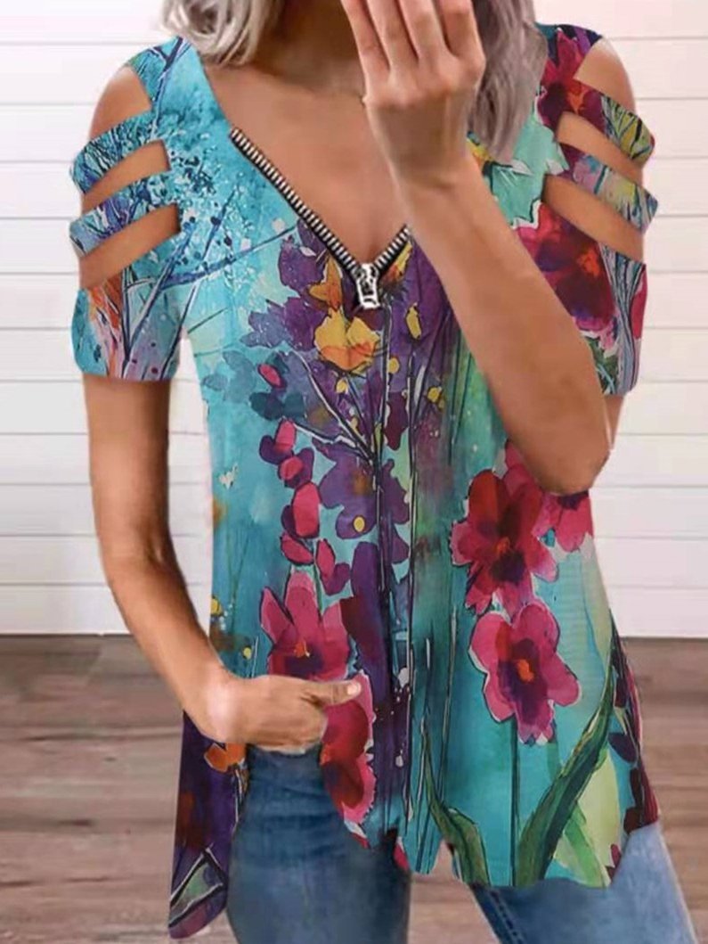 Multicolor Printing Irregular V-neck Zipper T-shirts - T-Shirts - INS | Online Fashion Free Shipping Clothing, Dresses, Tops, Shoes - 09/06/2021 - Category_T-Shirts - HDL