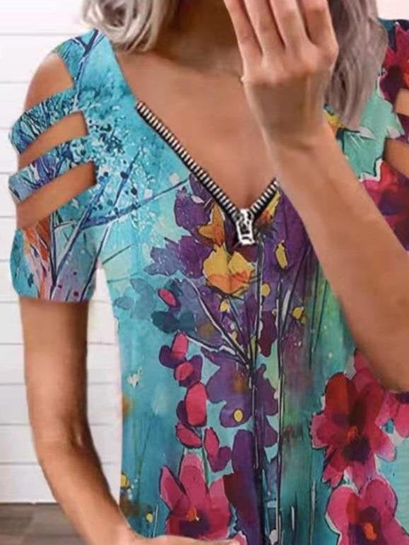 Multicolor Printing Irregular V-neck Zipper T-shirts - T-Shirts - INS | Online Fashion Free Shipping Clothing, Dresses, Tops, Shoes - 09/06/2021 - Category_T-Shirts - HDL