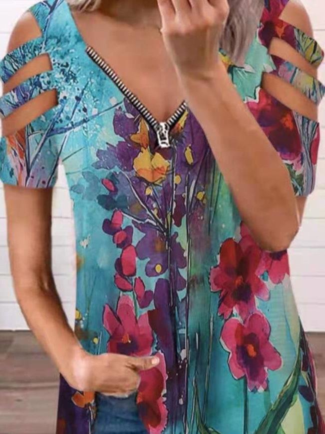 Multicolor Printing Irregular V-neck Zipper T-shirts - T-Shirts - INS | Online Fashion Free Shipping Clothing, Dresses, Tops, Shoes - 09/06/2021 - Category_T-Shirts - HDL