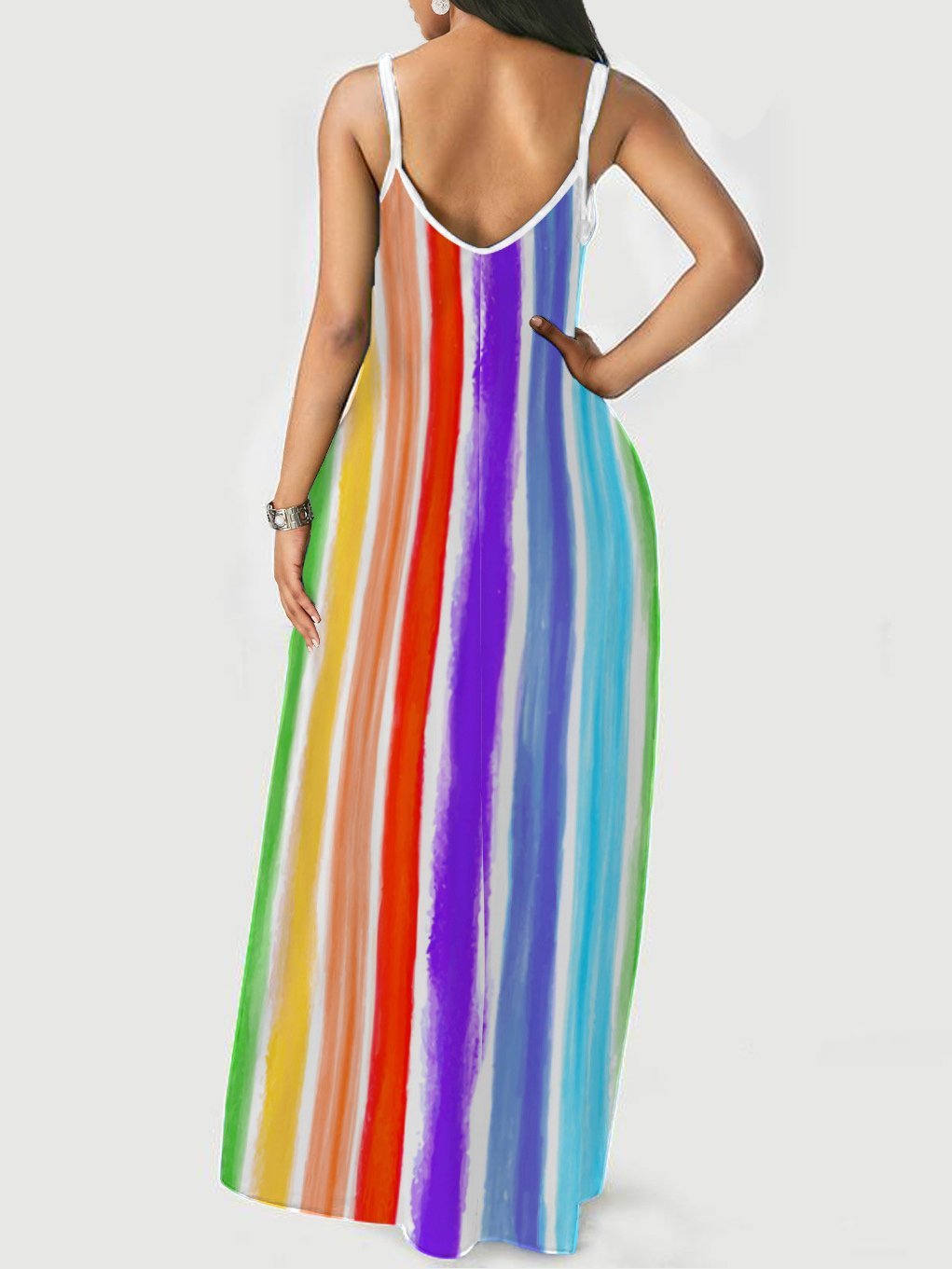 Multicolor Stripe/Gradient Print V-neck Sling Long Dress - Maxi Dresses - INS | Online Fashion Free Shipping Clothing, Dresses, Tops, Shoes - 12/07/2021 - 20-30 - color-multi