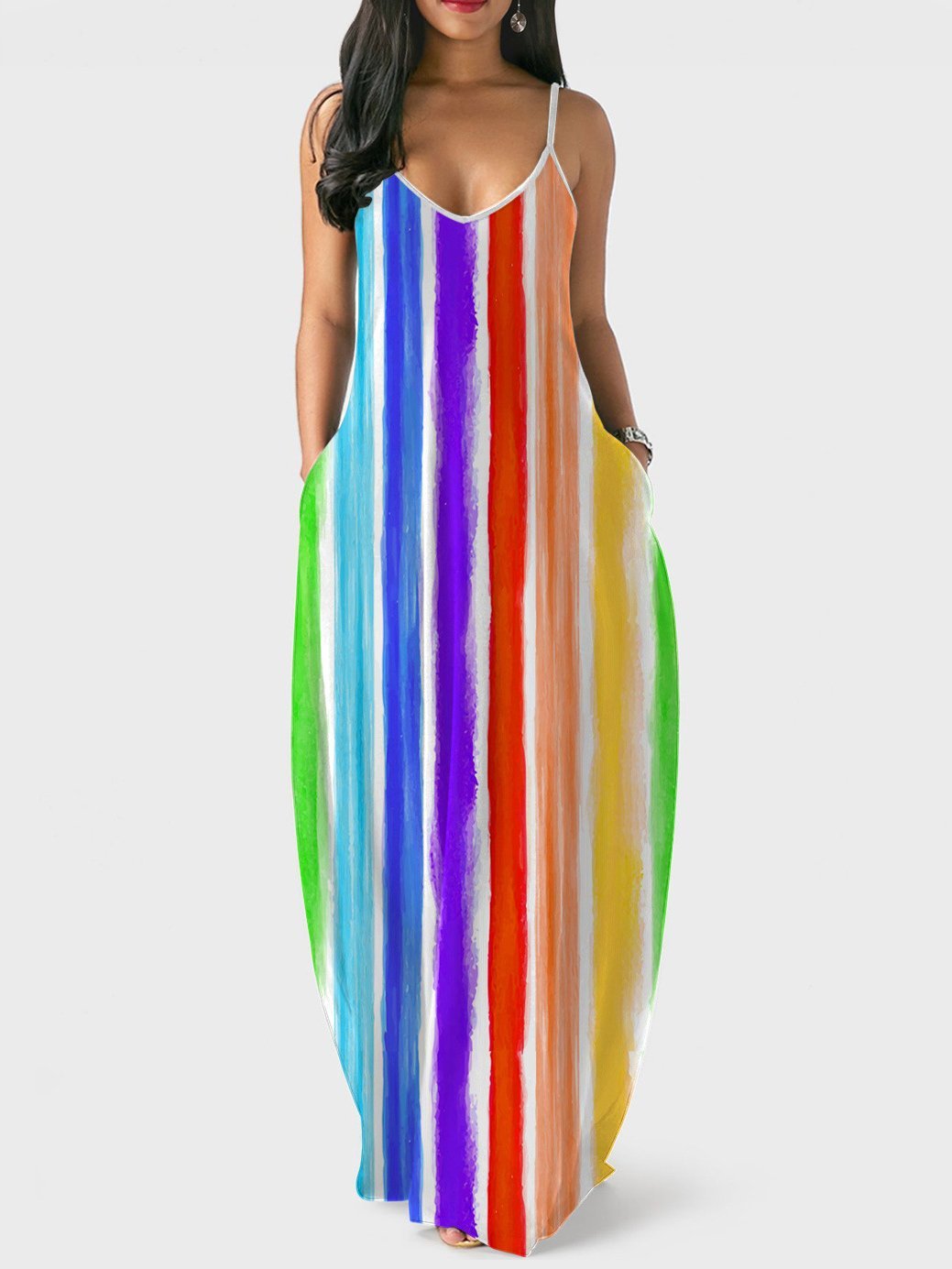 Multicolor Stripe/Gradient Print V-neck Sling Long Dress - Maxi Dresses - INS | Online Fashion Free Shipping Clothing, Dresses, Tops, Shoes - 12/07/2021 - 20-30 - color-multi