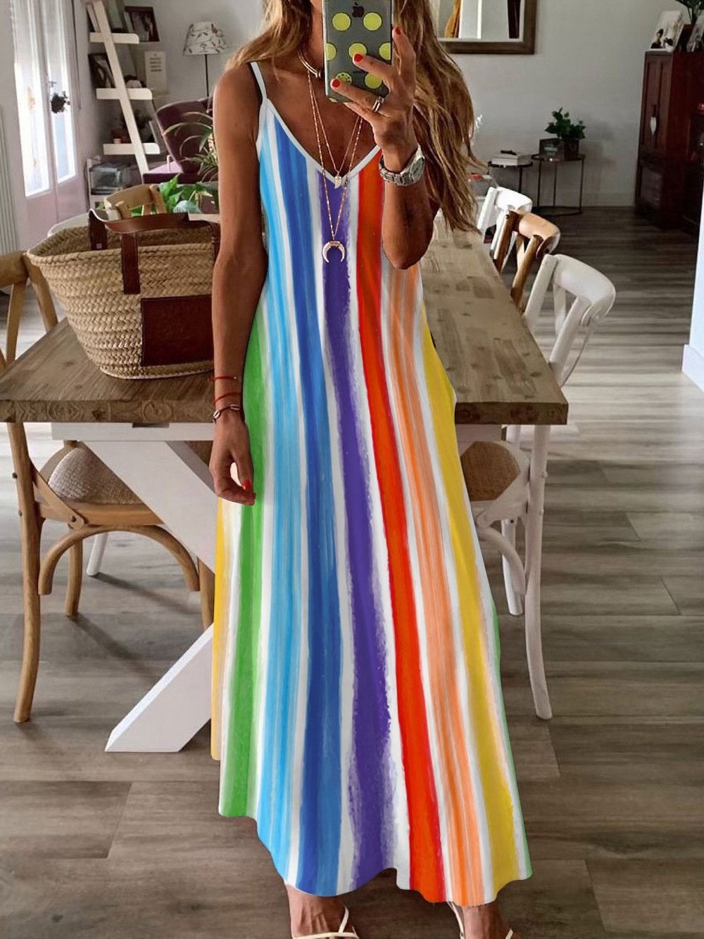 Multicolor Stripe/Gradient Print V-neck Sling Long Dress - Maxi Dresses - INS | Online Fashion Free Shipping Clothing, Dresses, Tops, Shoes - 12/07/2021 - 20-30 - color-multi