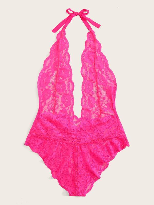 Neon Pink Floral Lace Sheer Teddy Bodysuit - INS | Online Fashion Free Shipping Clothing, Dresses, Tops, Shoes