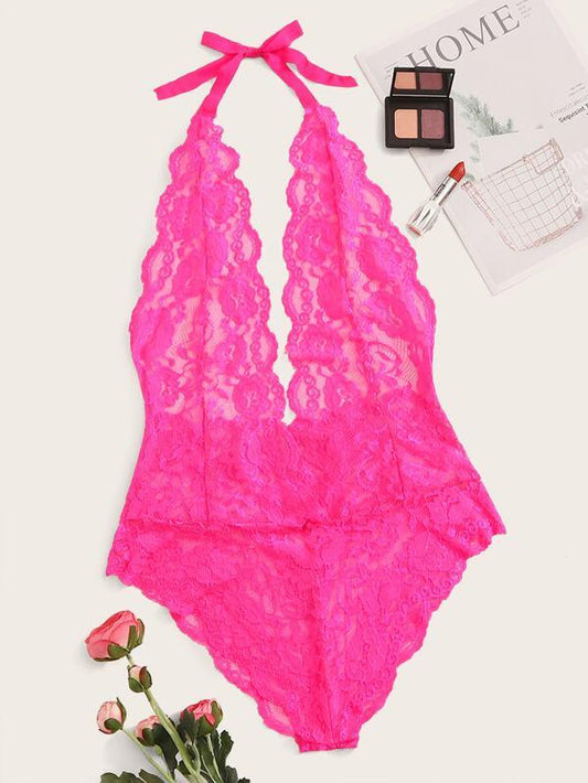 Neon Pink Floral Lace Sheer Teddy Bodysuit - INS | Online Fashion Free Shipping Clothing, Dresses, Tops, Shoes