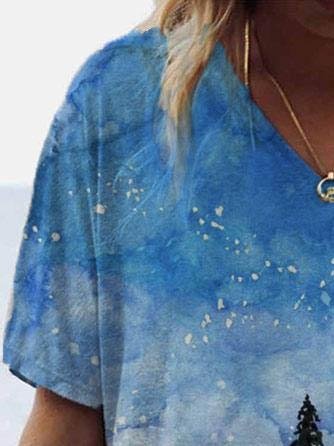 Night print short-sleeve v-neck T-shirt - T-shirts - INS | Online Fashion Free Shipping Clothing, Dresses, Tops, Shoes - 08/06/2021 - Color_Blue - Color_Green
