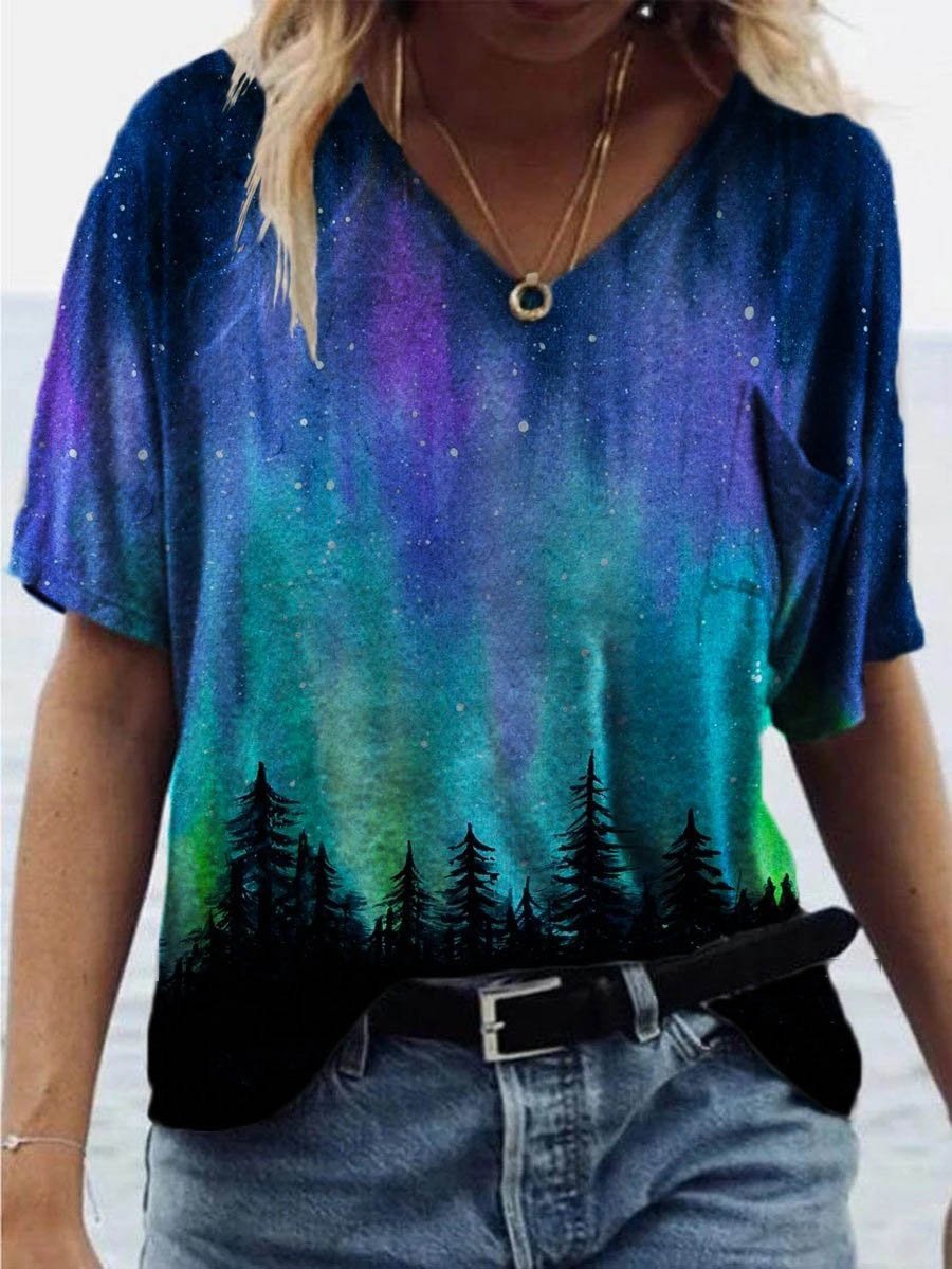 Night print short-sleeve v-neck T-shirt - T-shirts - INS | Online Fashion Free Shipping Clothing, Dresses, Tops, Shoes - 08/06/2021 - Color_Blue - Color_Green