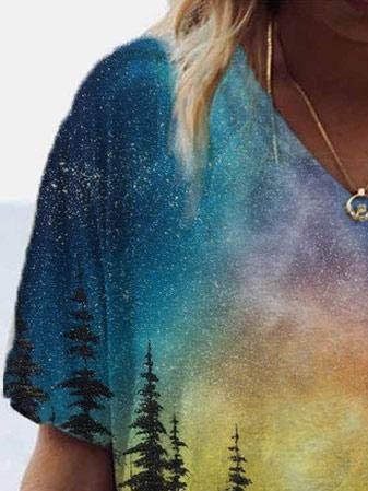 Night print short-sleeve v-neck T-shirt - T-shirts - INS | Online Fashion Free Shipping Clothing, Dresses, Tops, Shoes - 08/06/2021 - Color_Blue - Color_Green