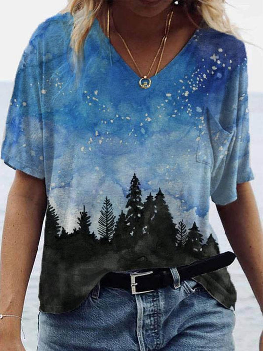 Night print short-sleeve v-neck T-shirt - T-shirts - INS | Online Fashion Free Shipping Clothing, Dresses, Tops, Shoes - 08/06/2021 - Color_Blue - Color_Green