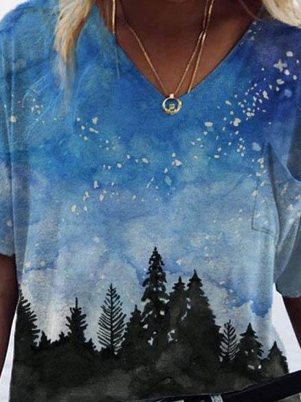 Night print short-sleeve v-neck T-shirt - T-shirts - INS | Online Fashion Free Shipping Clothing, Dresses, Tops, Shoes - 08/06/2021 - Color_Blue - Color_Green