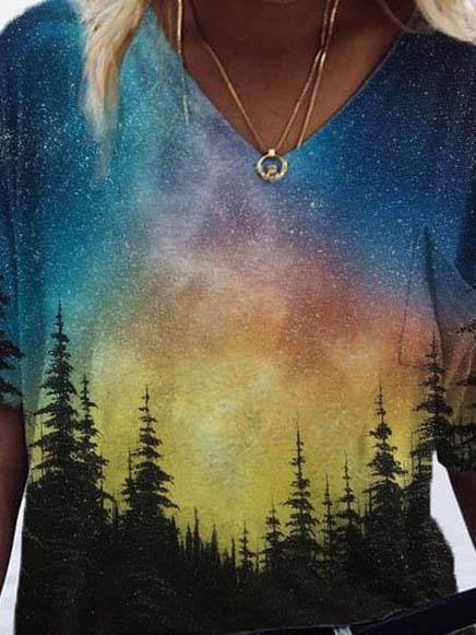 Night print short-sleeve v-neck T-shirt - T-shirts - INS | Online Fashion Free Shipping Clothing, Dresses, Tops, Shoes - 08/06/2021 - Color_Blue - Color_Green