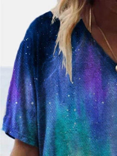 Night print short-sleeve v-neck T-shirt - T-shirts - INS | Online Fashion Free Shipping Clothing, Dresses, Tops, Shoes - 08/06/2021 - Color_Blue - Color_Green