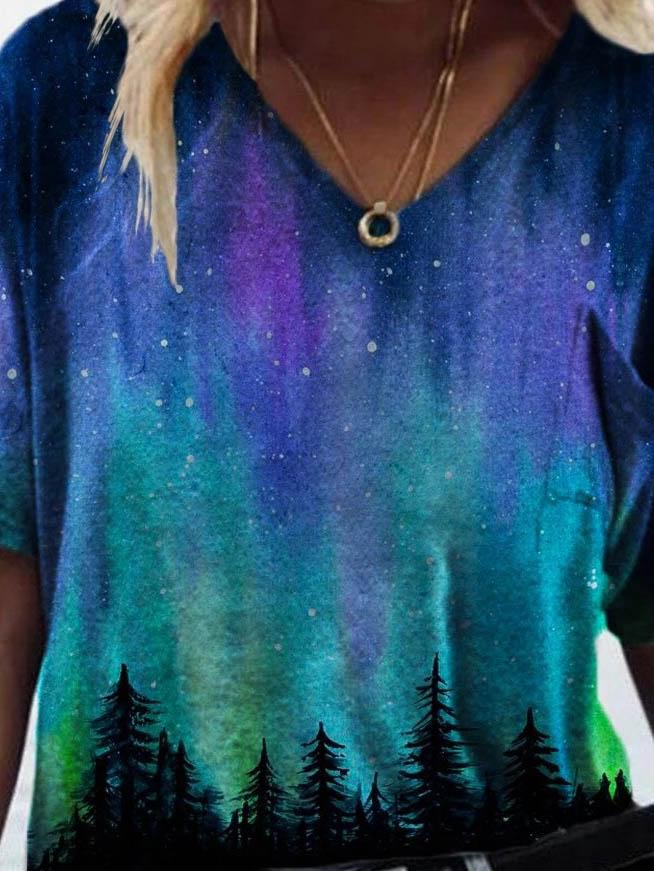 Night print short-sleeve v-neck T-shirt - T-shirts - INS | Online Fashion Free Shipping Clothing, Dresses, Tops, Shoes - 08/06/2021 - Color_Blue - Color_Green