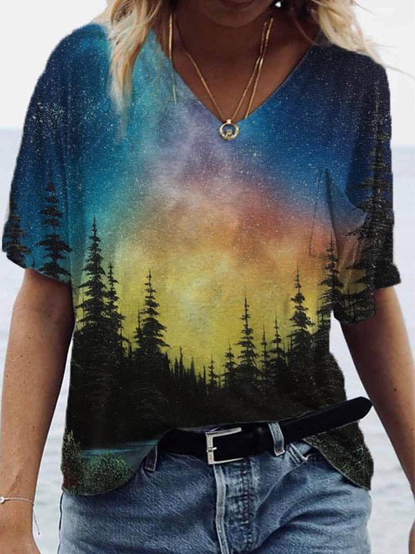 Night print short-sleeve v-neck T-shirt - T-shirts - INS | Online Fashion Free Shipping Clothing, Dresses, Tops, Shoes - 08/06/2021 - Color_Blue - Color_Green