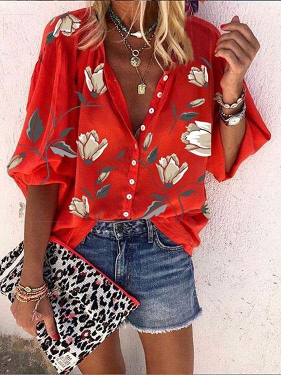 Nine-quarter Sleeves Printed Loose Blouses - Blouses - INS | Online Fashion Free Shipping Clothing, Dresses, Tops, Shoes - 07/06/2021 - BLO2106070045 - Category_Blouses